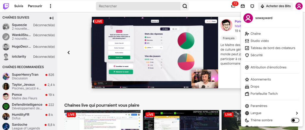 Capture d'écran montrant comment accéder au tableau de bord des créateurs sur Twitch