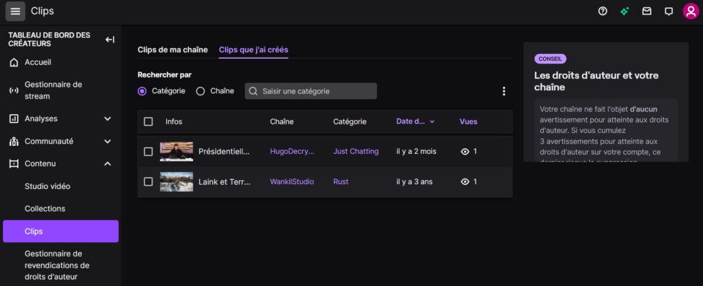 Capture d'écran montrant comment accéder à la section "clips" sur Twitch