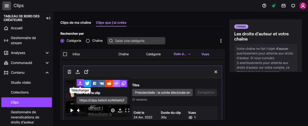 Capture d'écran montrant comment télécharger un clip choisi sur Twitch